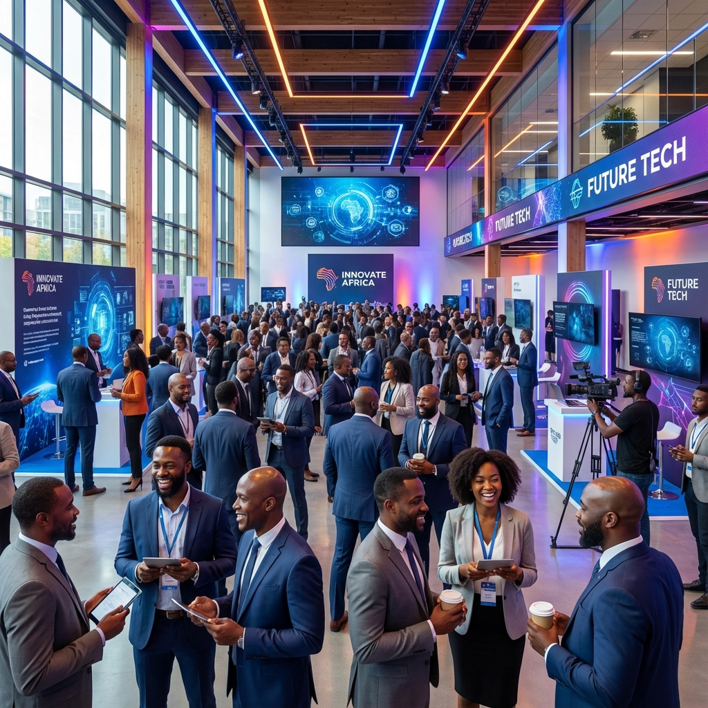 Diverse professionals networking at a tech event
